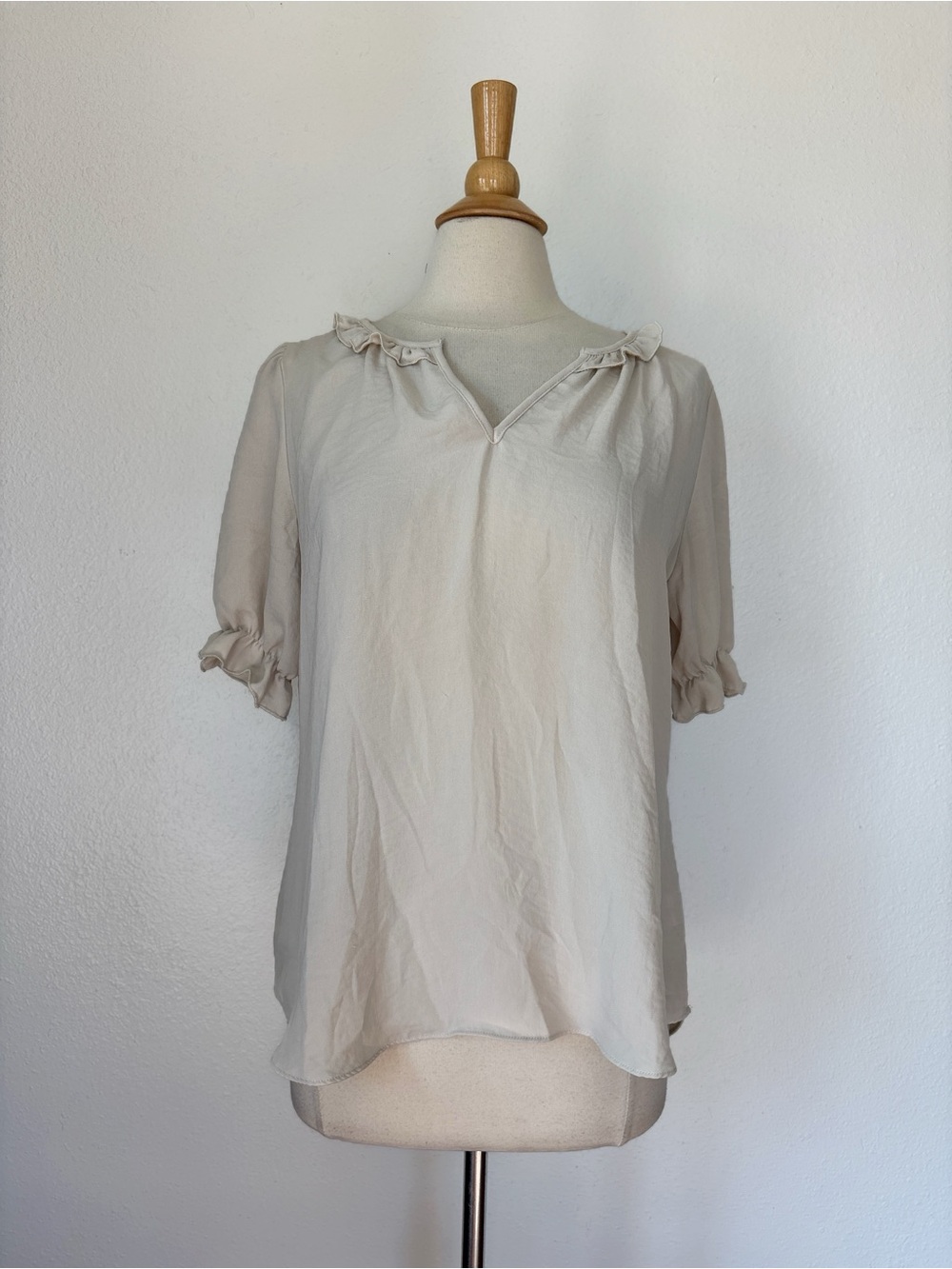 Light Beige Ruffle-Trim Short Sleeve Blouse